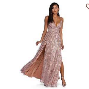 NWT Windsor Rosealina Rose Gold Sequin Maxi Prom Formal Dress, Sz Small